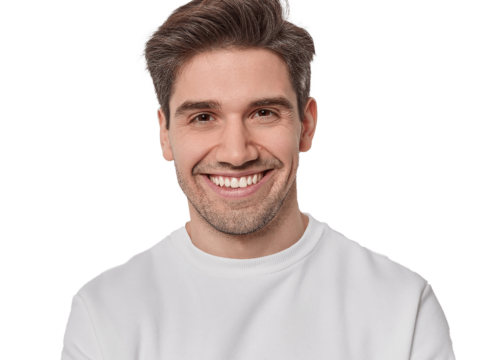 Smiling man with chiseled chin and neckline