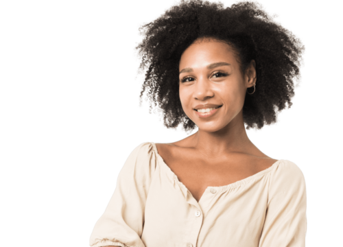 Photo of a woman wearing a white button-up shirt